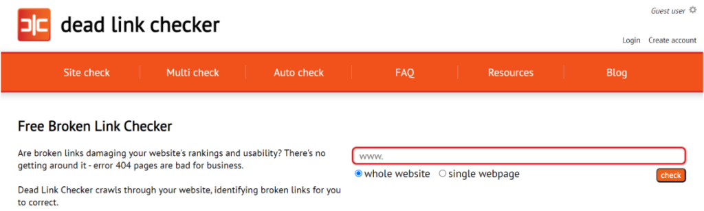 Screenshot of Deadlinkchecker’s homepage.